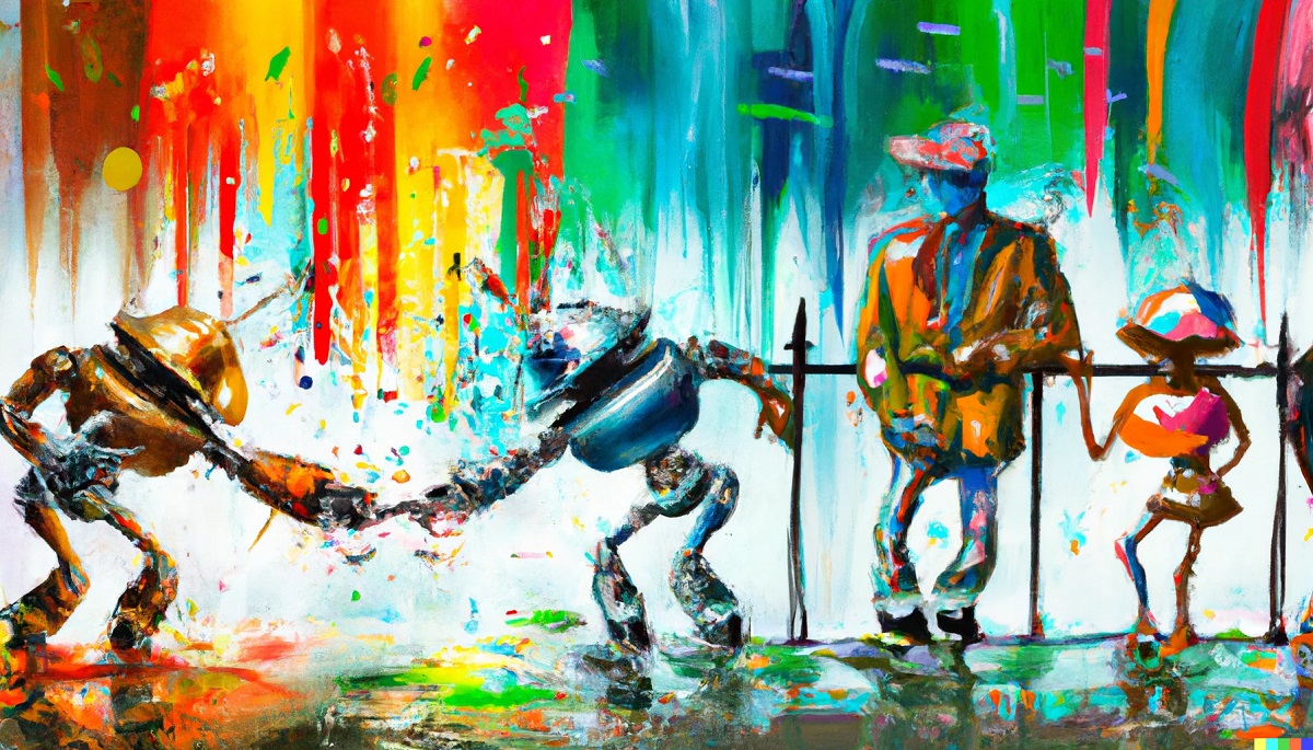 Two beautiful robots are hand fighting in a background of paint explosion
