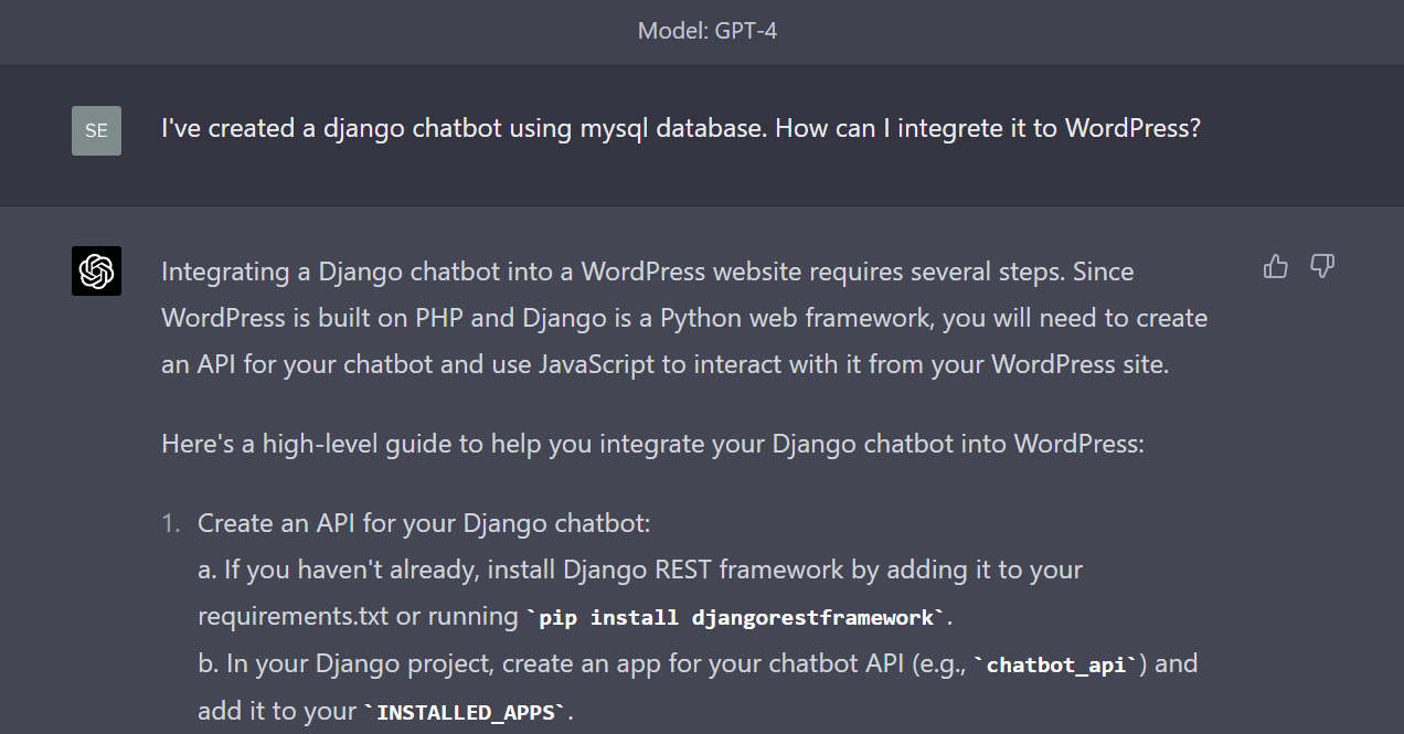 Django chatbot using MySQL database. How can I integrate it to WordPress