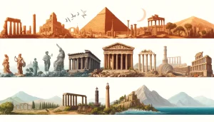 A horizontal, panoramic image showcasing the Seven Wonders of the Ancient World, including the Great Pyramid of Giza, the Hanging Gardens of Babylon,